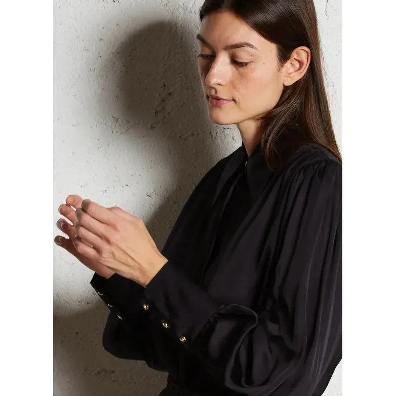 CHARLENE - Black Straight satin shirt with classic collar