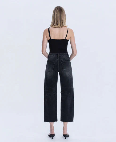 Black - Super High Rise Raw Hem Crop Barrel Jeans
