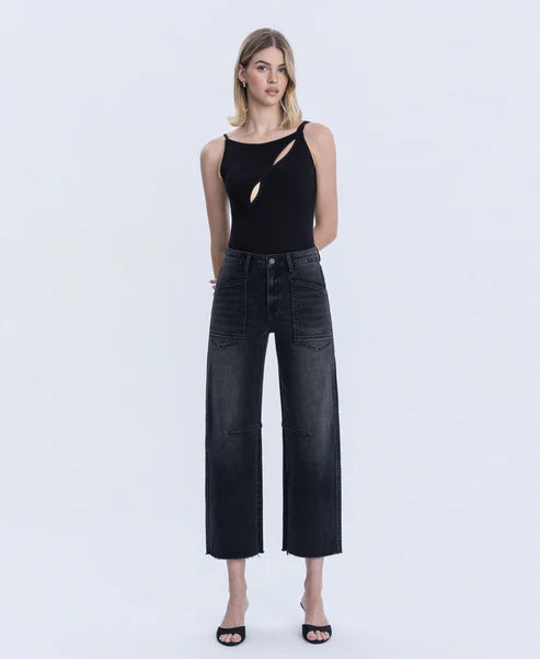Black - Super High Rise Raw Hem Crop Barrel Jeans