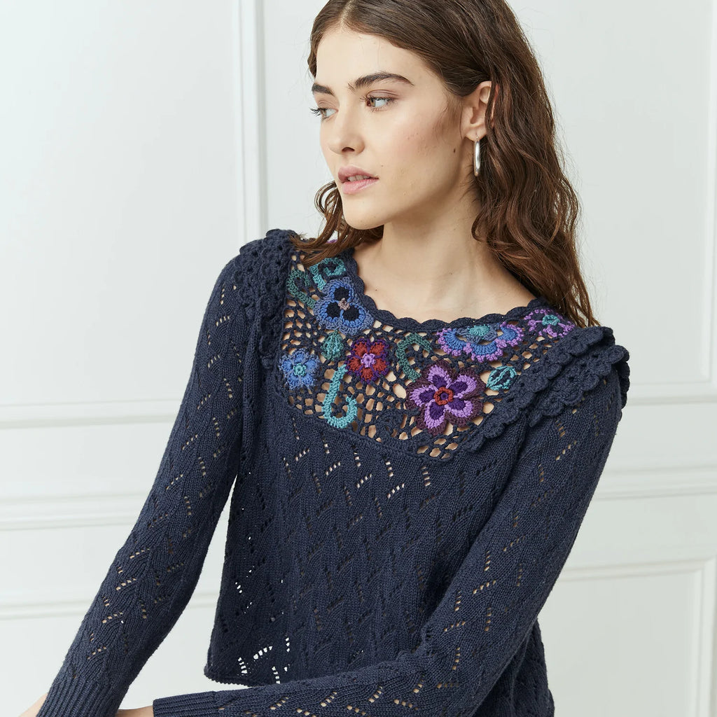 POINTELLE CREW HAND CROCHET YOKE