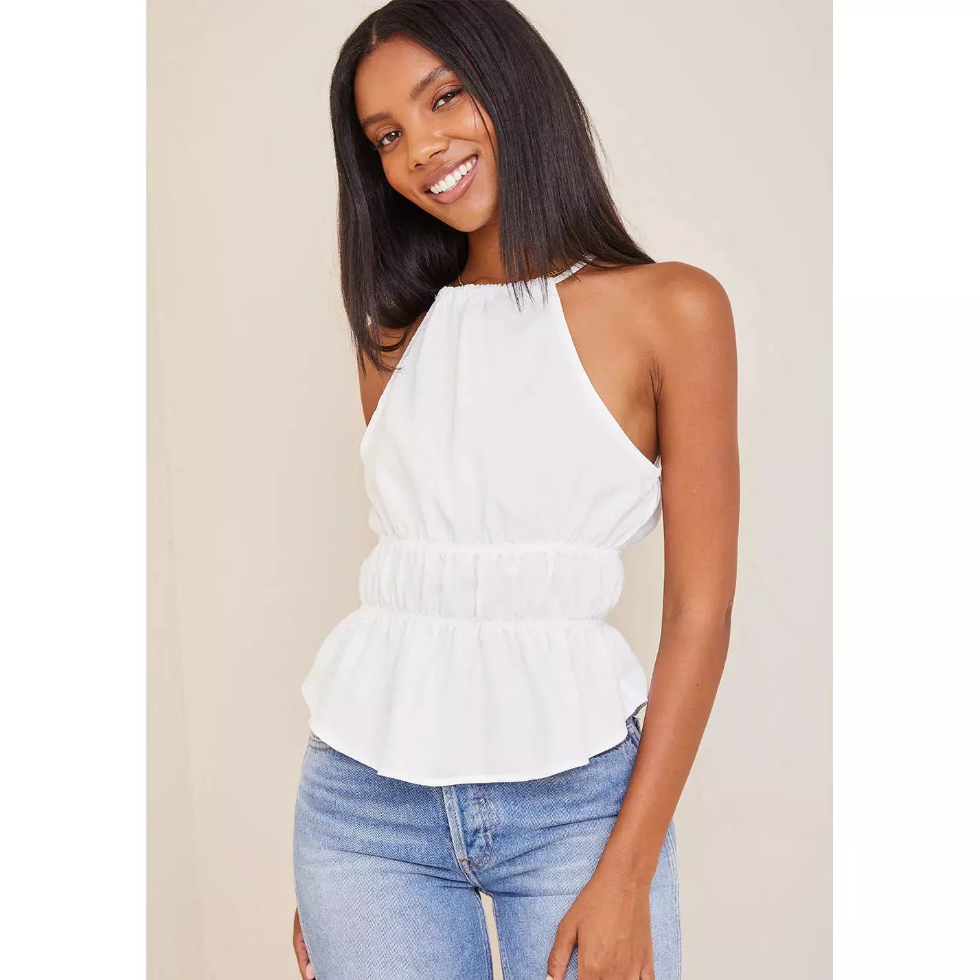 SMOCKED WAIST HALTER TOP